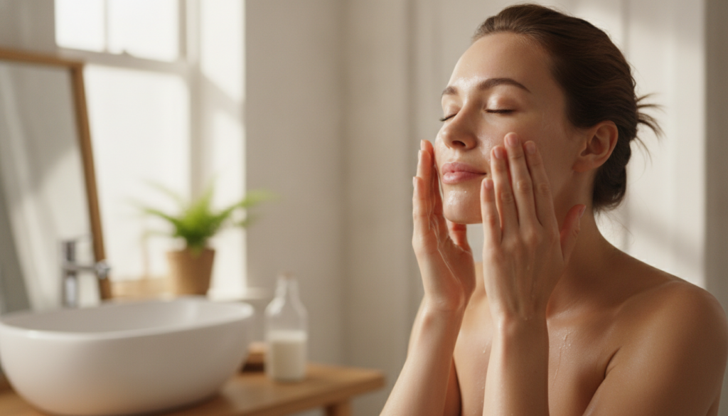 A woman gently patting rice water onto her face with her hands with a soft glowing complexion in a bright bathroom setti