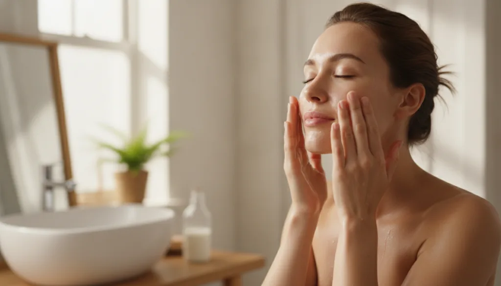 A woman gently patting rice water onto her face with her hands with a soft glowing complexion in a bright bathroom setti