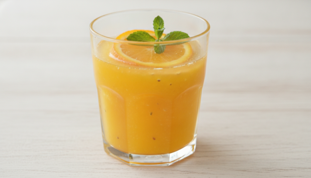 A clear glass of freshly squeezed orange juice bright orange with orange slices and mint leaves for garnish on a light b