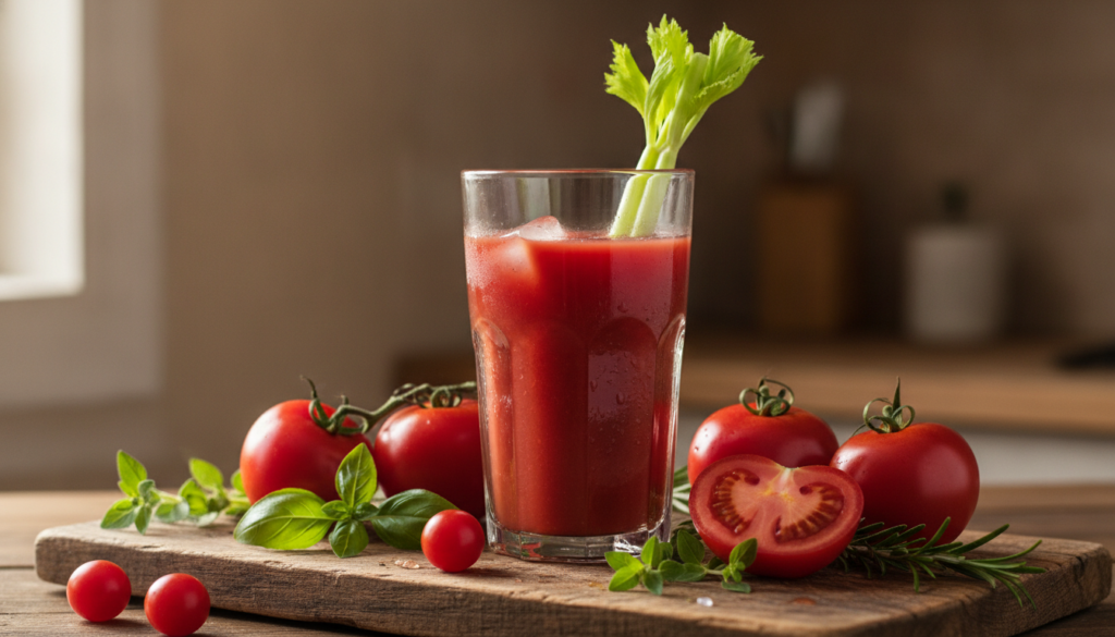 A glass of vibrant red tomato juice with a celery stick garnish surrounded by fresh ripe tomatoes and green herbs on a r