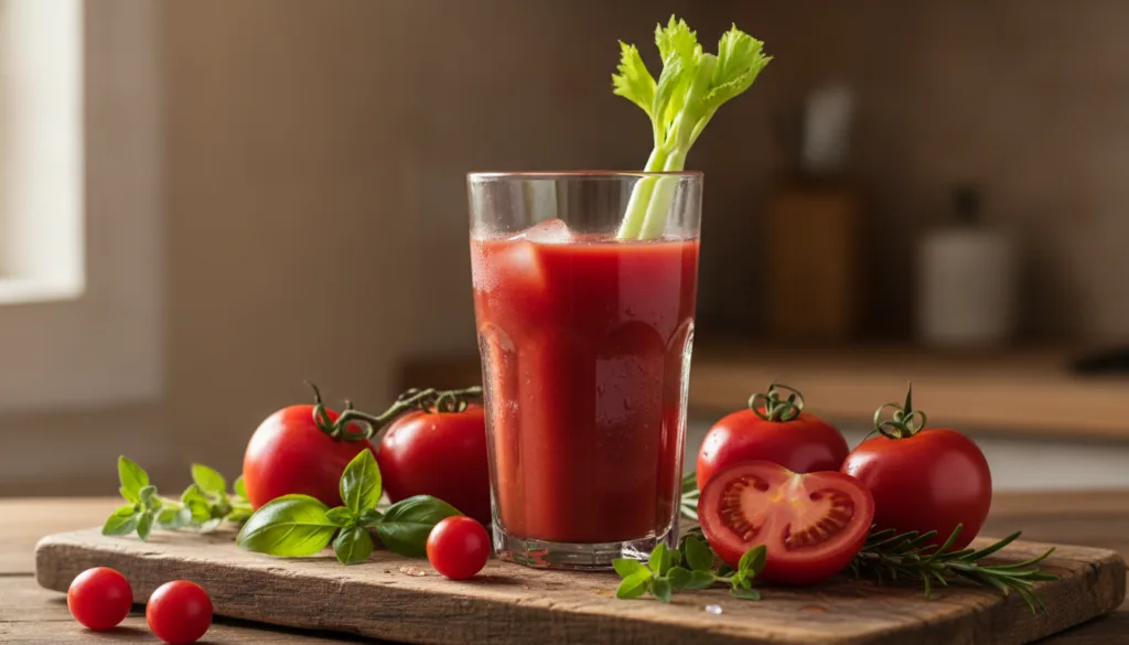 A glass of vibrant red tomato juice with a celery stick garnish surrounded by fresh ripe tomatoes and green herbs on a r