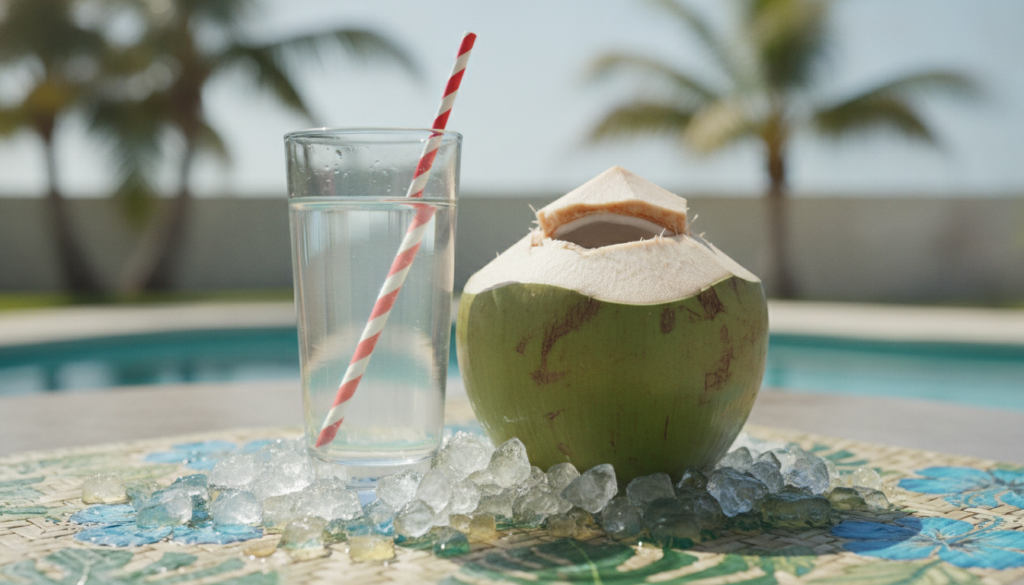 A glass of clear coconut water with a straw accompanied by a cut young coconut and some ice cubes on a tropical-themed s