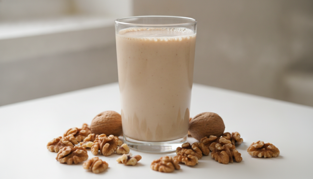 A tall glass of creamy walnut milk light brown in color with whole and chopped walnuts scattered around its base on a wh