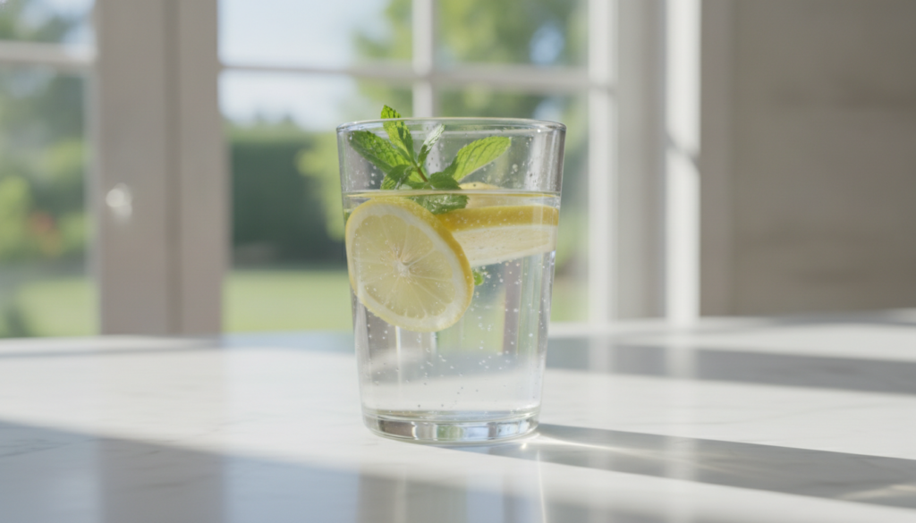 A glass of clear lemon water with fresh lemon slices and a sprig of mint on a bright kitchen counter with a window in th