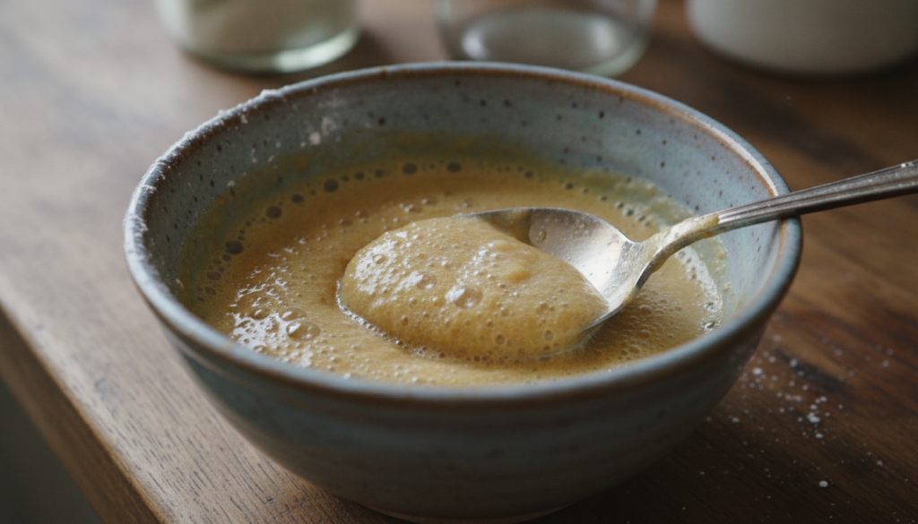 Close-up of a small bowl with baking soda apple cider vinegar and water being mixed into a yellowish-brown paste with a 