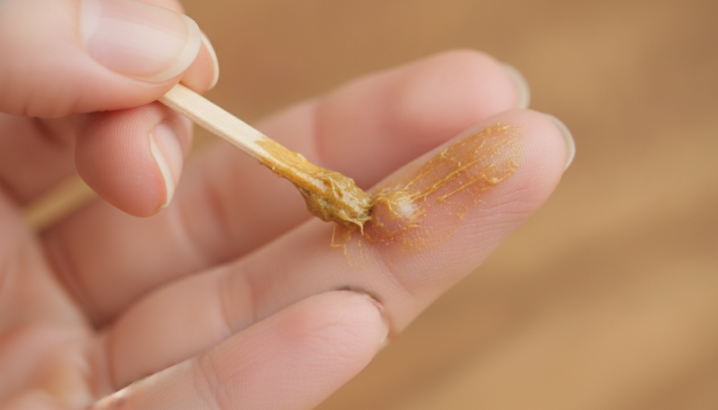 A close-up of a hand gently dabbing the natural wart paste onto a small visible wart on a finger showing careful applica