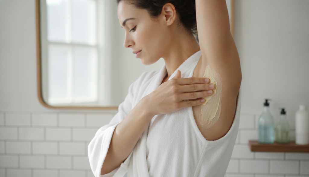 A woman gently rubbing a dried paste off her underarm showing smooth clean skin underneath