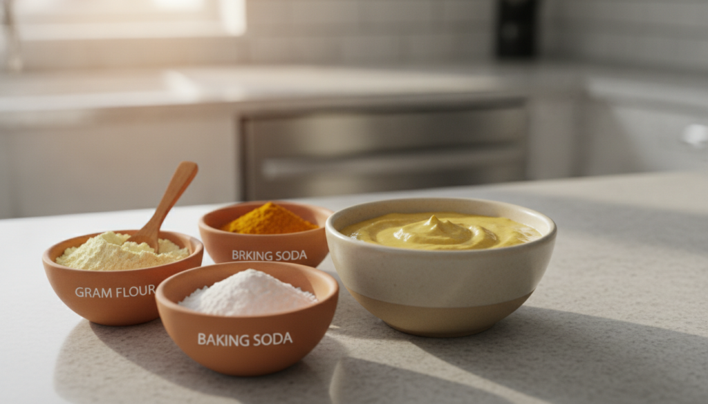 A bowl with a creamy yellow-tinted paste and the ingredients used to make it displayed around it