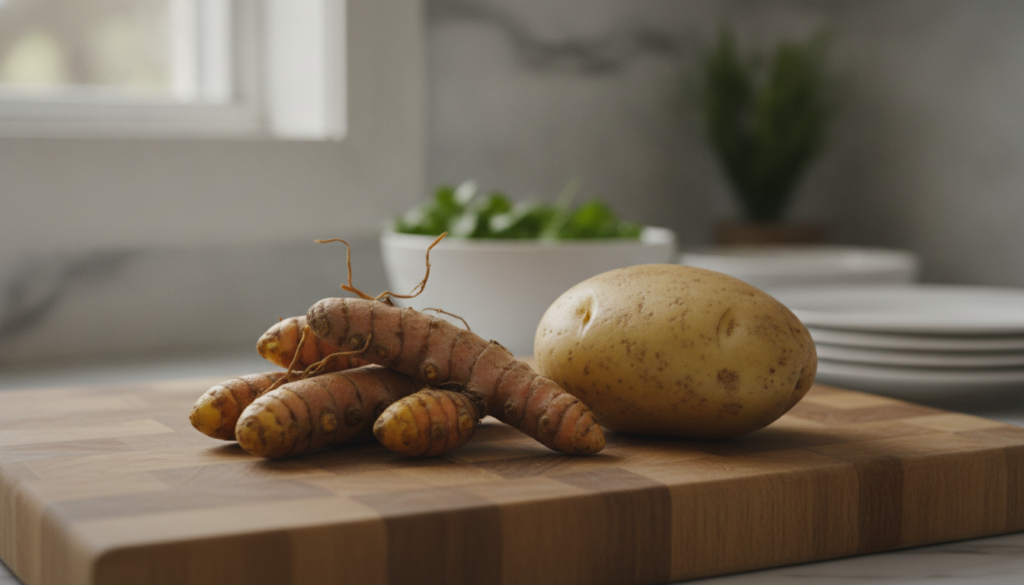 Fresh turmeric roots and a potato laid out on a clean wooden cutting board ready for preparation