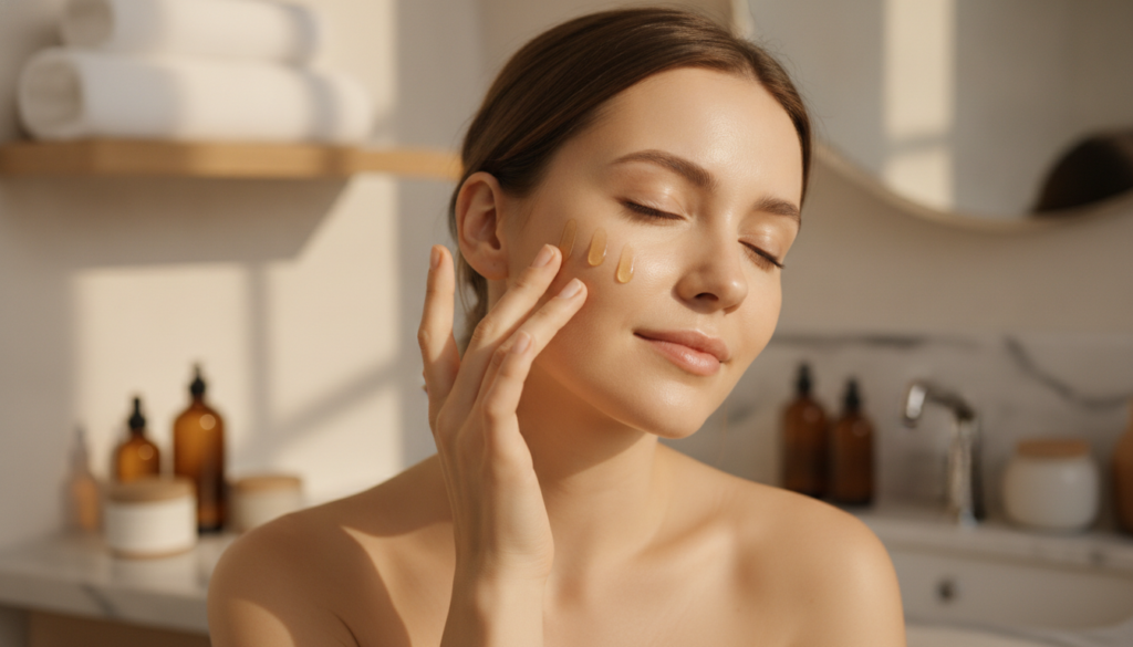 A woman gently massaging a few drops of oil onto her face with a serene expression demonstrating a skincare routine Her 