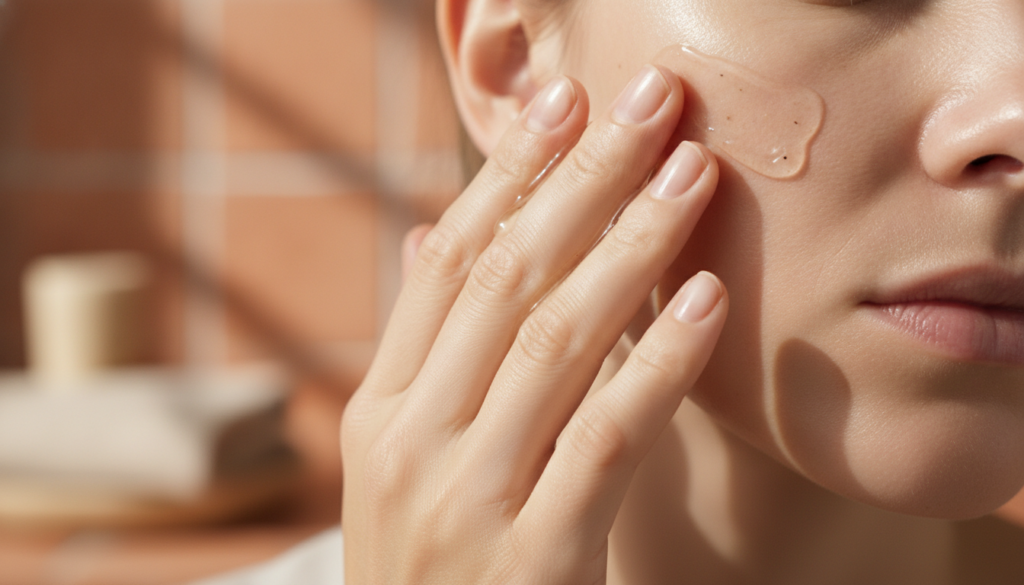 Someone gently applying a small amount of clove gel to their face focusing on areas with visible pores Their skin looks 