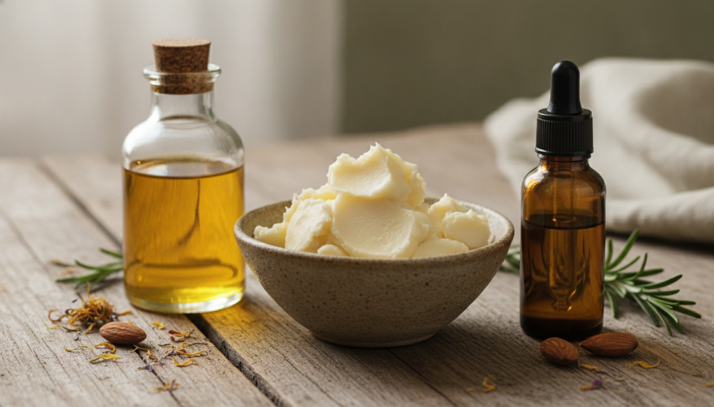 Various natural ingredients for skincare including shea butter jojoba oil and a small bottle of vitamin E oil arranged a
