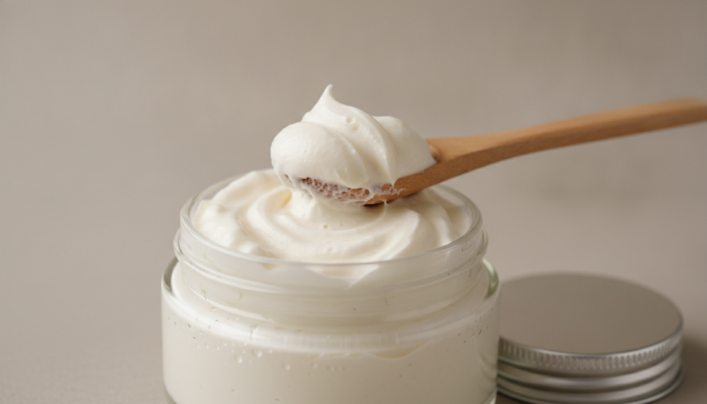 A close-up of the homemade firming balm light and fluffy scooped into a small glass jar