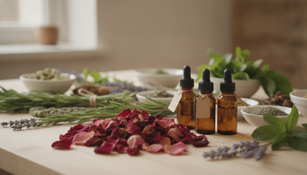 Various natural botanical ingredients like dried rose petals small bottles of essential oils and fresh herbs arranged ae
