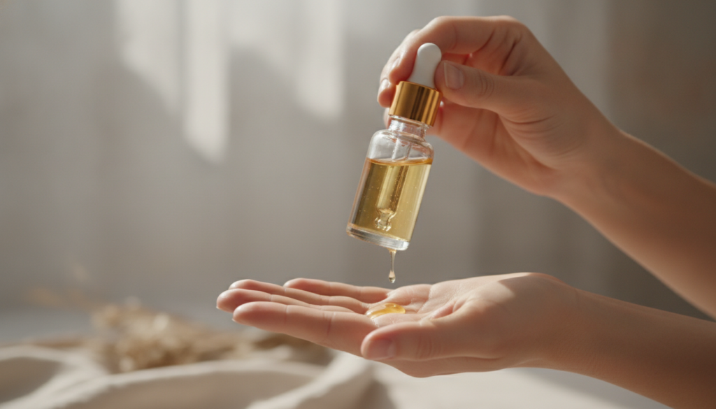 A clear glass dropper bottle with a few drops of golden natural oil falling onto a woman s outstretched palm The backgro