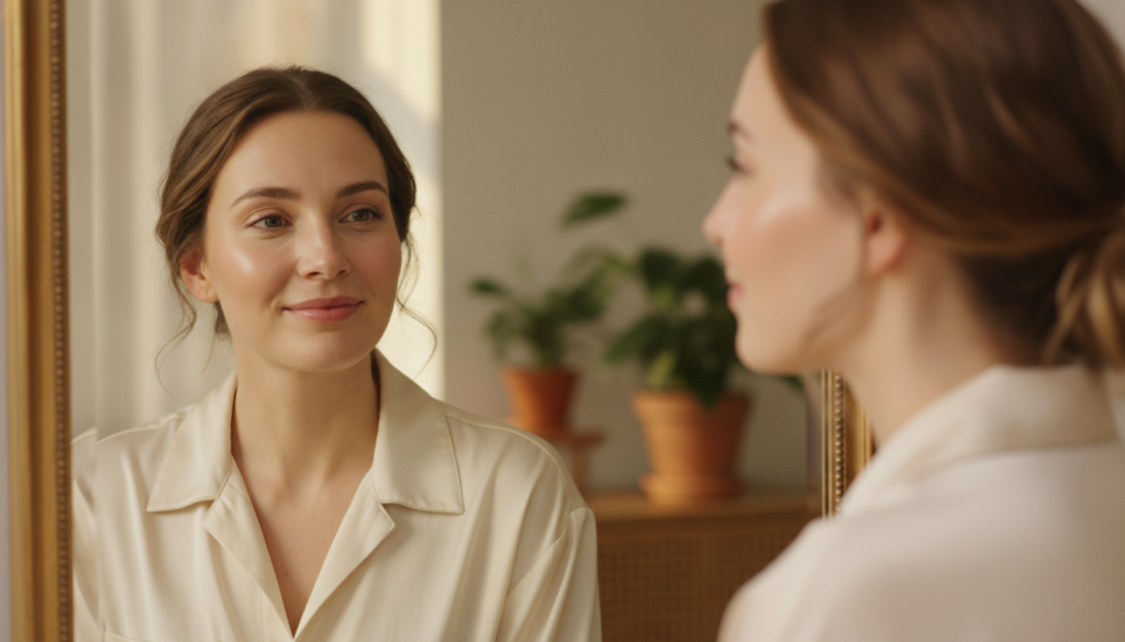 A woman smiling gently looking at her reflection with clear glowing skin emphasizing a natural and healthy complexion So