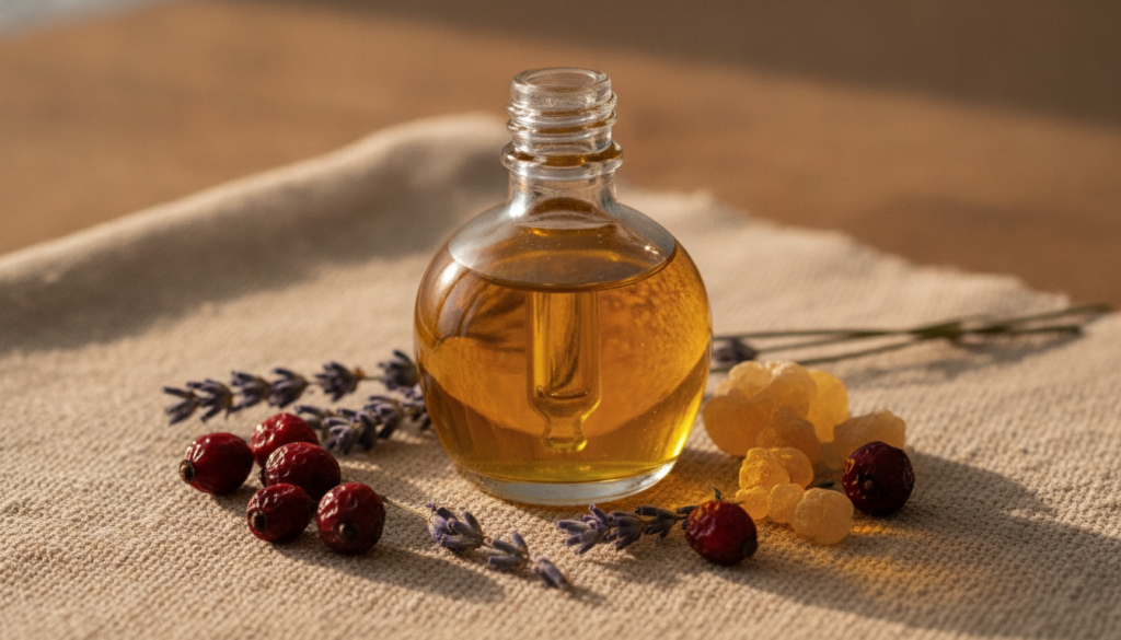 A beautiful glass dropper bottle filled with golden age-reversal oil surrounded by natural botanicals like rosehips lave