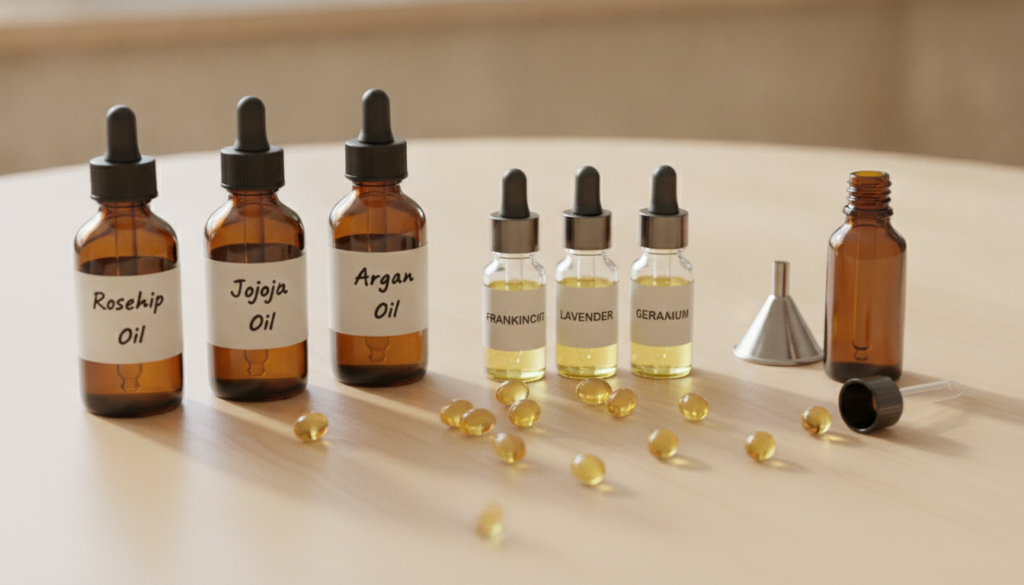 Various small bottles of natural carrier oils rosehip jojoba argan essential oils frankincense lavender geranium and vit