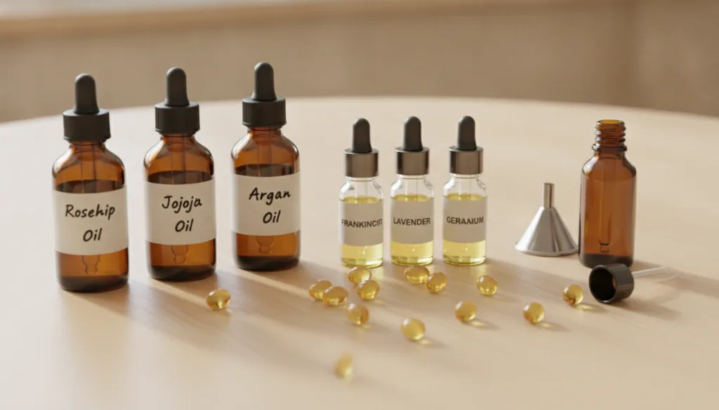 Various small bottles of natural carrier oils rosehip jojoba argan essential oils frankincense lavender geranium and vit