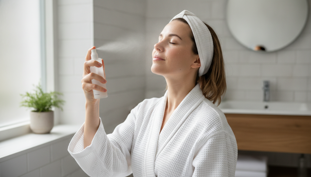 A woman gently spraying a homemade toner onto her clean face eyes closed with a soft fresh expression The background is 