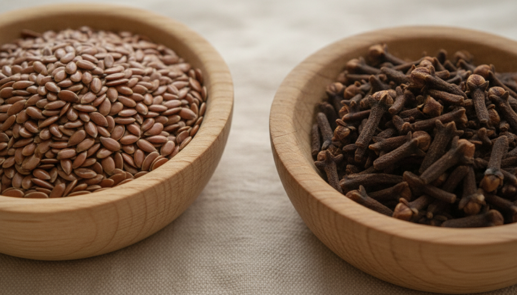 Close-up of dried flaxseeds and whole cloves in separate small wooden bowls highlighting their natural texture and detai