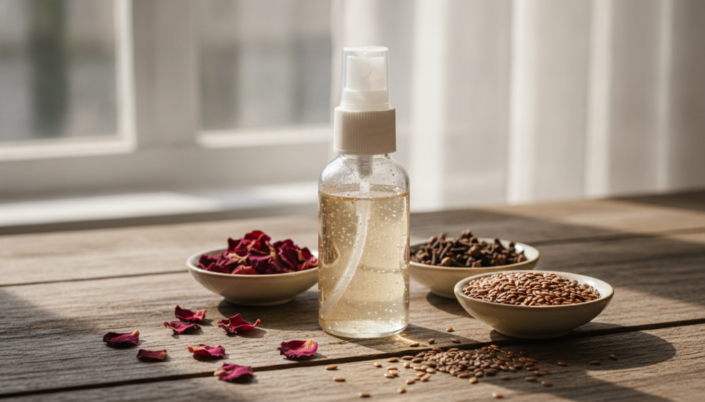 A bottle of DIY collagen toner next to its natural ingredients rose water dried cloves and flaxseeds on a rustic wooden 