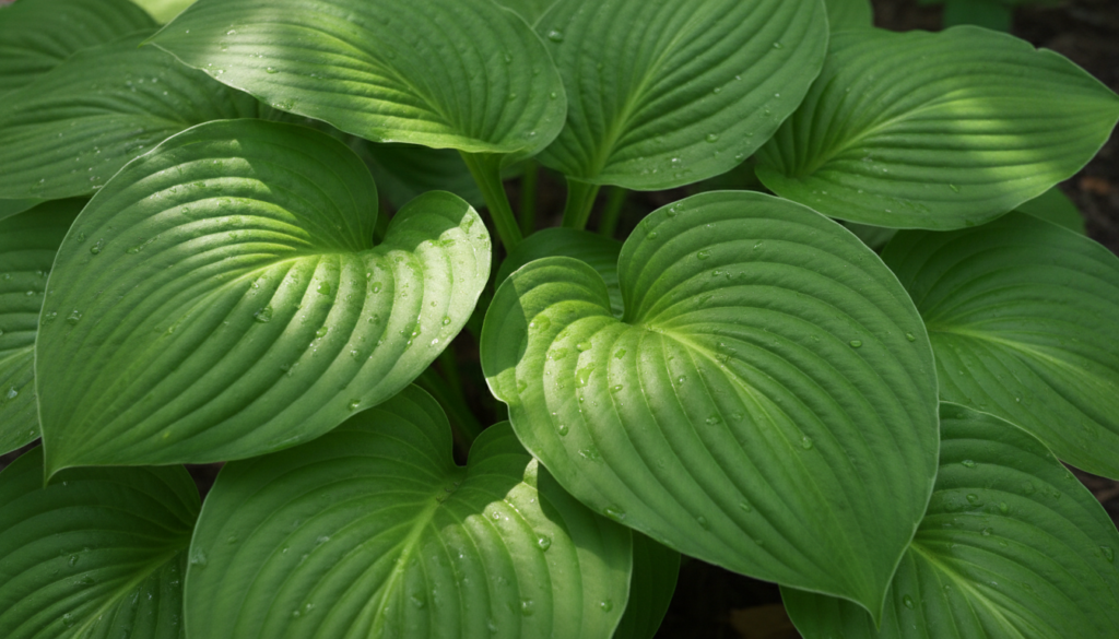 A close-up of vibrant green Hosta leaves with prominent veins showing their broad dense foliage