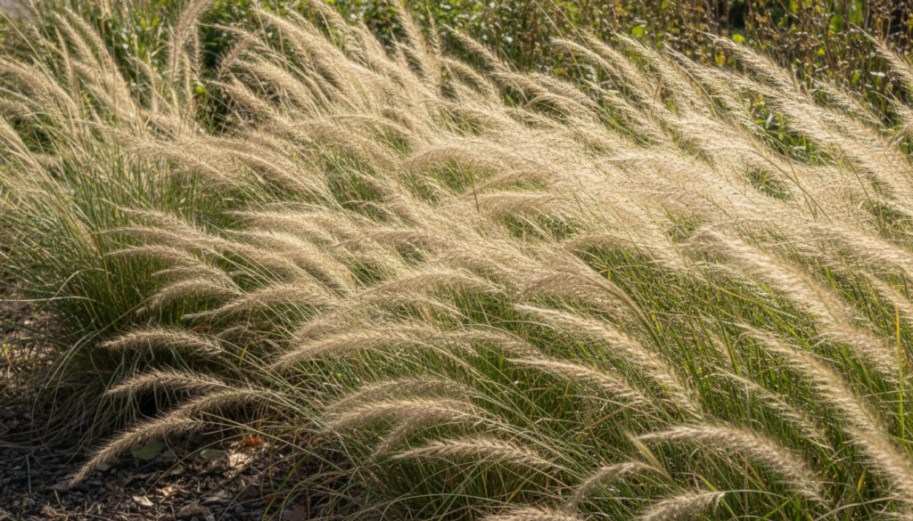 A clump of wispy ornamental grass swaying gently in a garden bed showing its fine texture and natural camouflage potenti