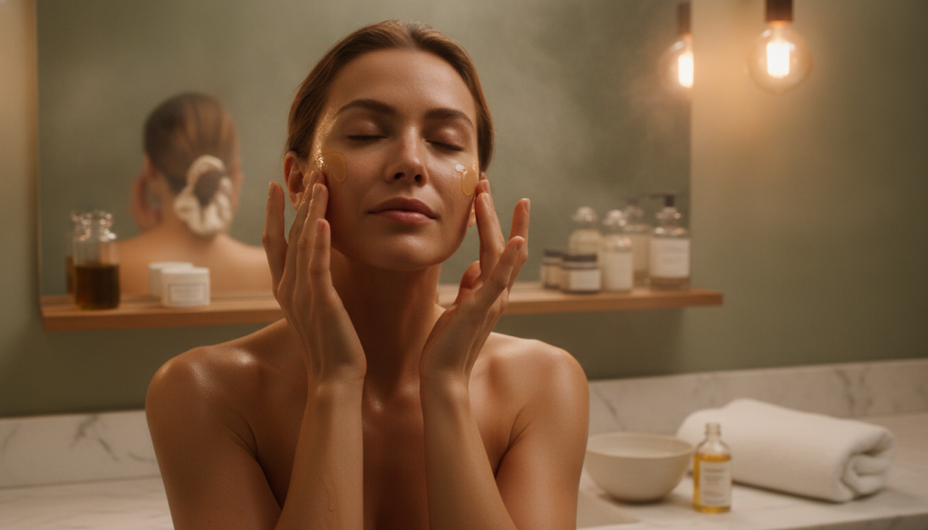 A woman gently massaging sweet almond oil onto her clean face with a soft serene expression emphasizing the self-care as