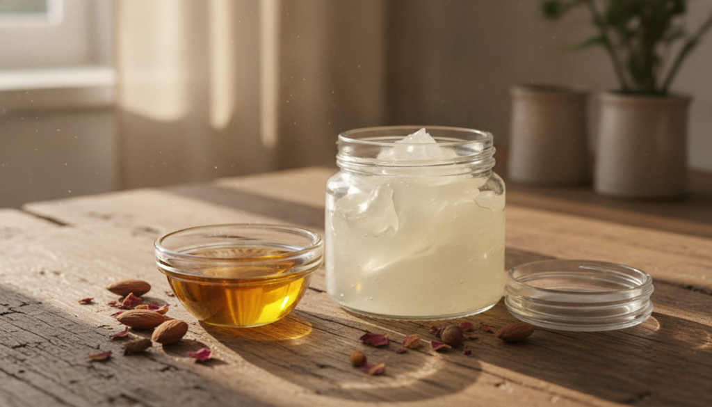 A small glass bowl containing sweet almond oil next to a jar of Vaseline with a soft glowing light suggesting a natural 