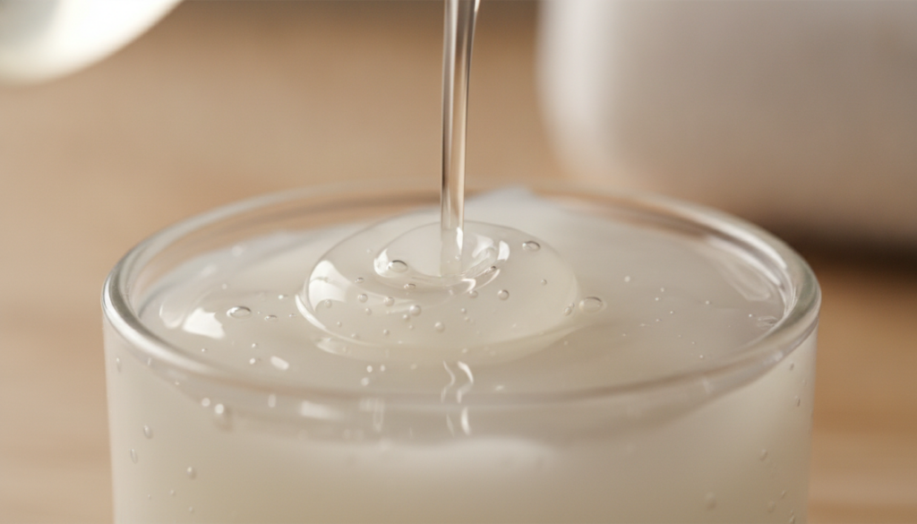 A hand pouring baby oil into a small pot of Vaseline showing the two ingredients blending into a glossy gel