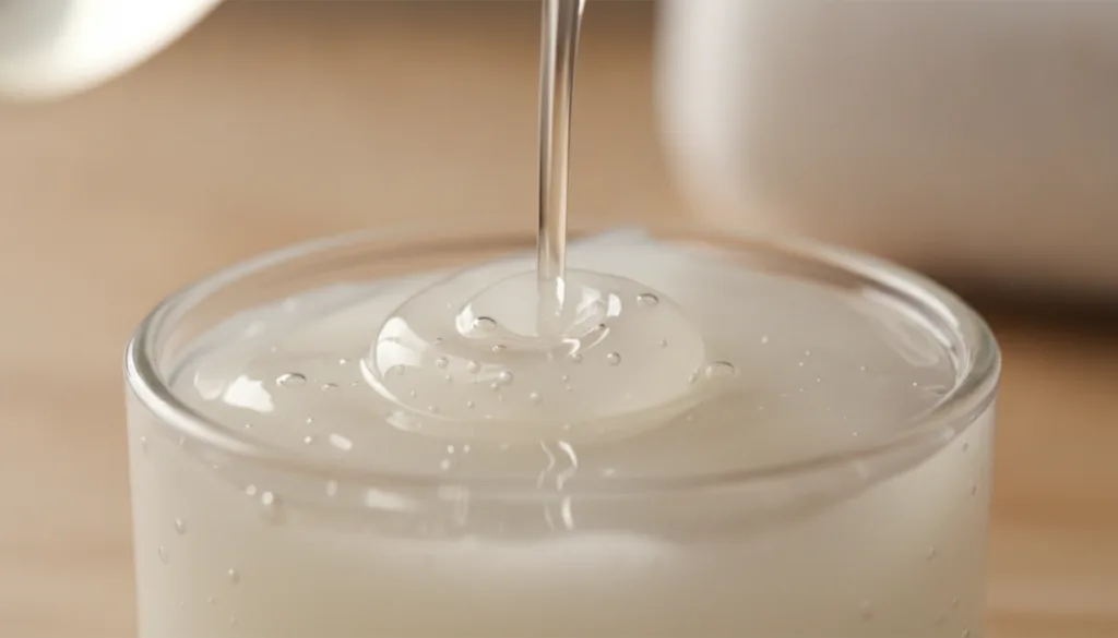 A hand pouring baby oil into a small pot of Vaseline showing the two ingredients blending into a glossy gel