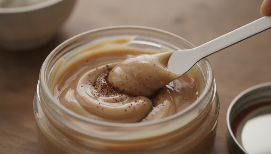A close-up of finely ground coffee being stirred into Vaseline in a small container creating a brown creamy mixture