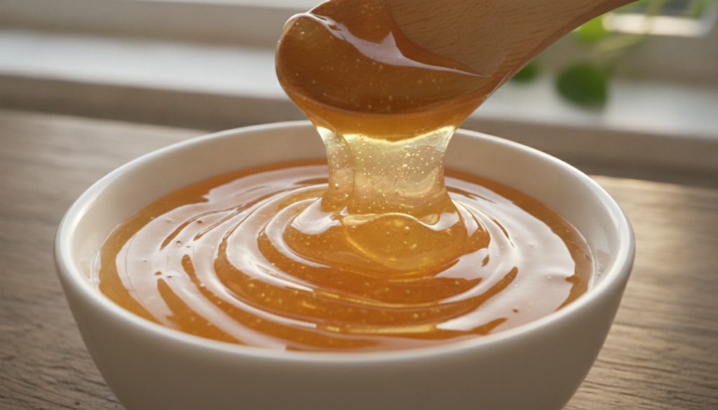 A close-up of a small bowl containing Vaseline and raw honey being mixed with a small spoon forming a smooth paste