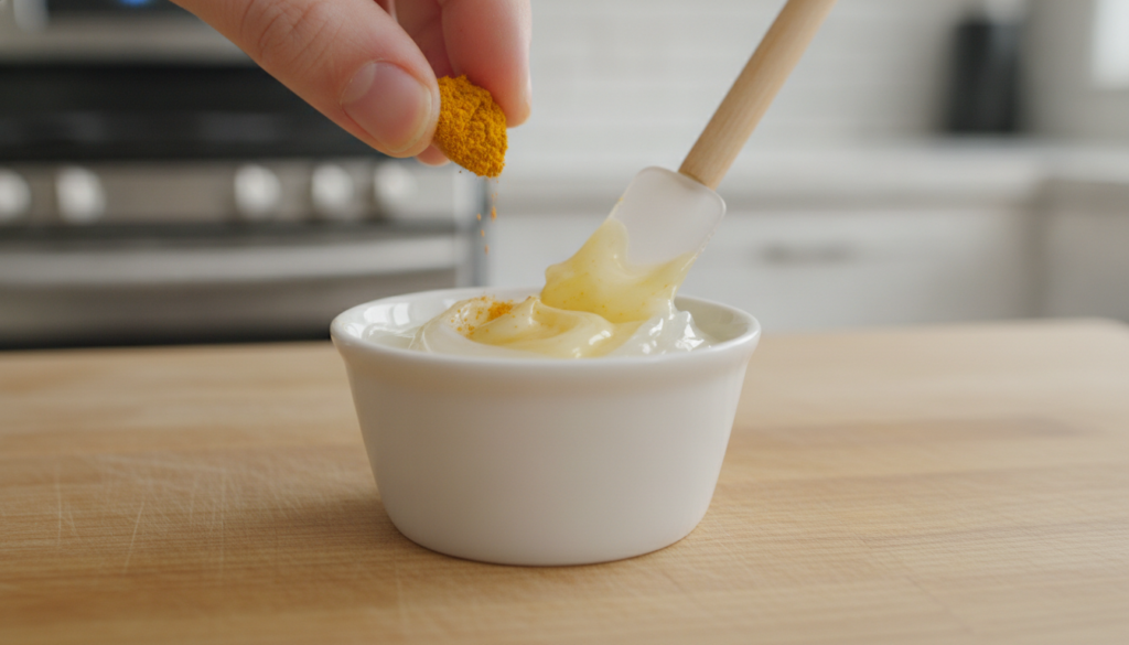 A small amount of turmeric powder being folded into Vaseline in a small dish creating a creamy yellow paste