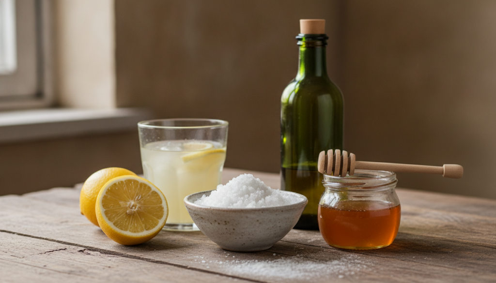 All ingredients for the cracked heel remedy laid out on a rustic wooden table Epsom salt in a small bowl a cut lemon wit
