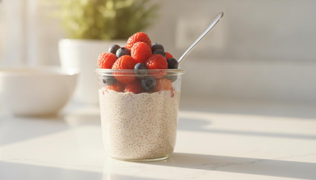 A glass jar of delicious chia pudding topped with fresh mixed berries like strawberries raspberries and blueberries with