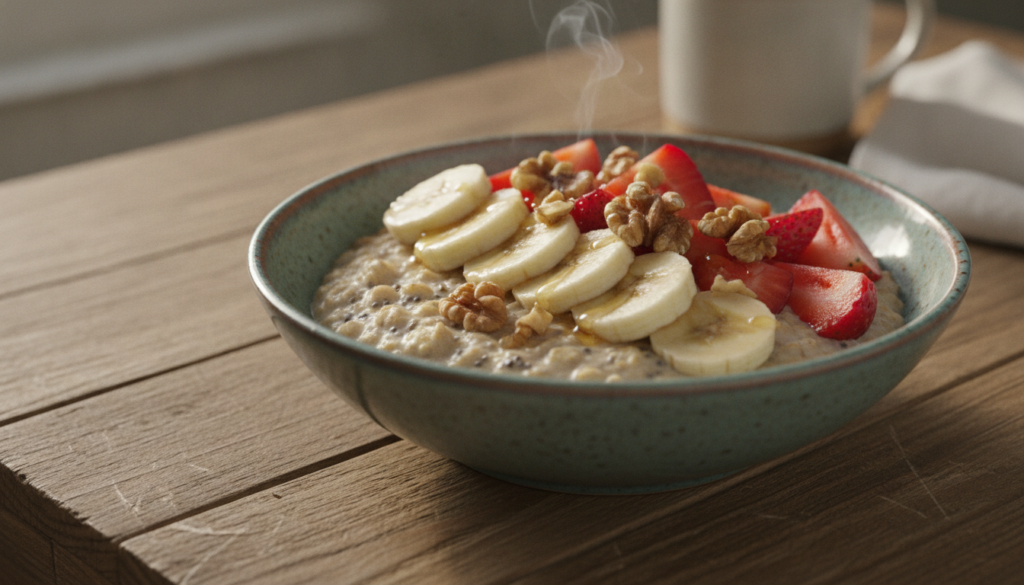A beautiful bowl of overnight oats garnished with fresh banana slices bright red strawberries and crunchy walnuts ready 