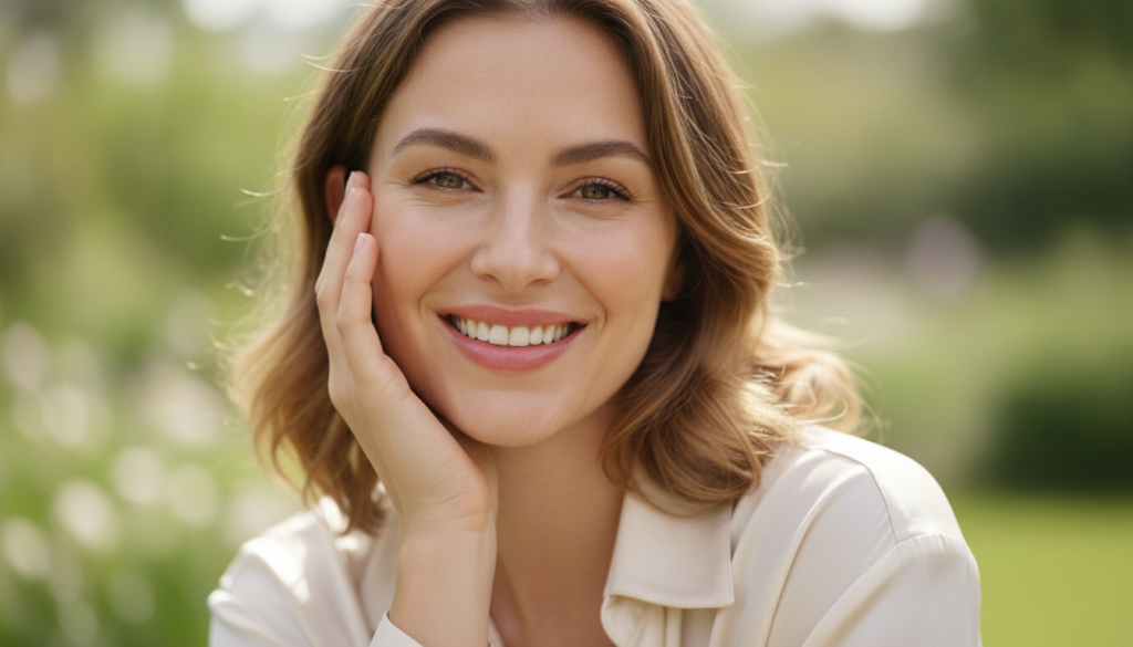 A woman smiling confidently with clear glowing skin gently touching her cheek against a soft naturally lit background co
