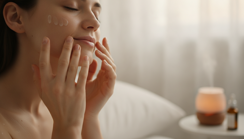 A woman s hands gently applying a thin layer of cream or oil mixture to her cheek before bed in a soft diffused lighting