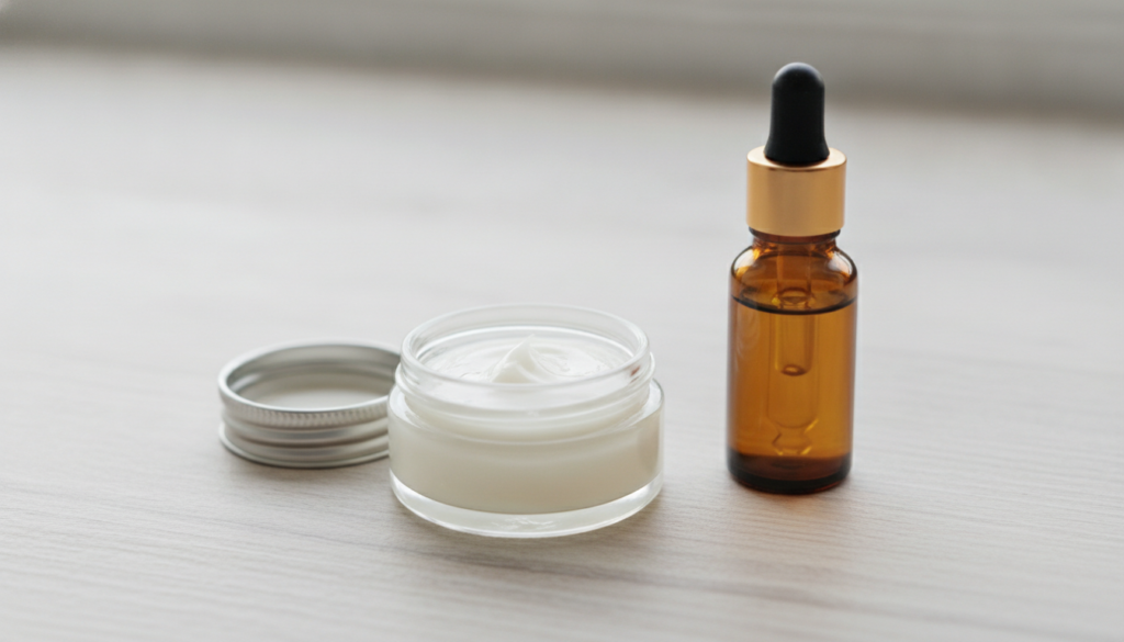 A close-up shot of a small open jar of Vaseline next to a small bottle of sweet almond oil on a light clean wooden surfa