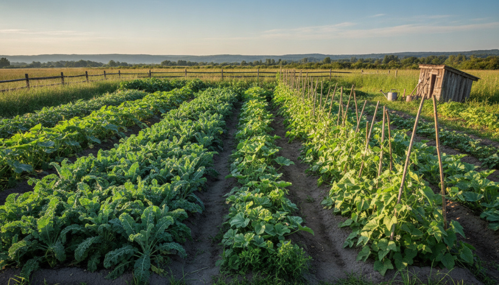 A vibrant lush vegetable garden in early summer with a mix of maturing and newly planted crops Sunlight dapples through 