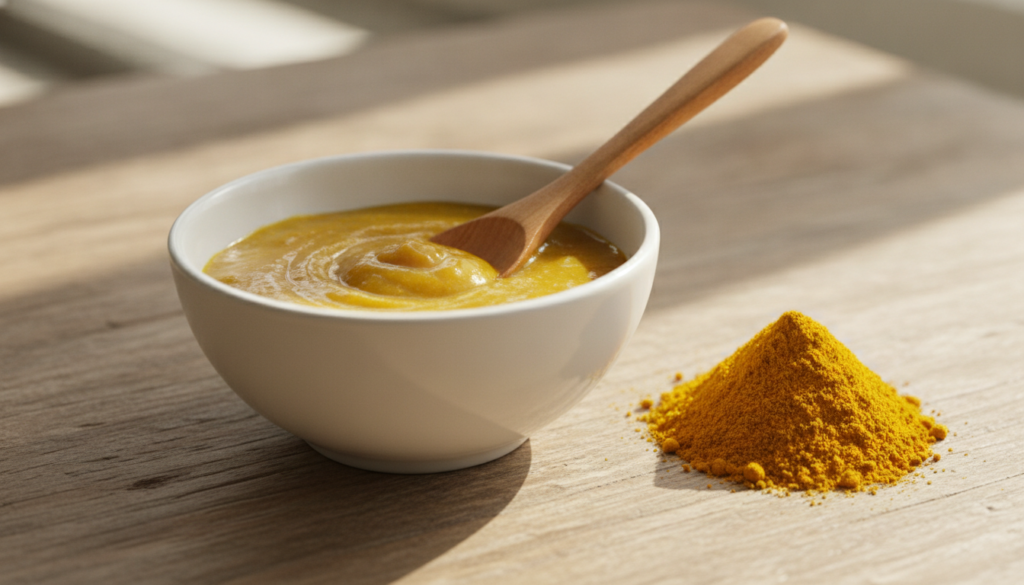A small ceramic bowl with Vaseline mixed with turmeric powder next to a small pile of turmeric powder and a spoon