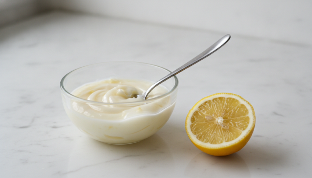 A small glass bowl containing a mixture of Vaseline and lemon juice with a fresh lemon slice nearby and a small spoon