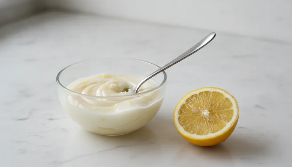 A small glass bowl containing a mixture of Vaseline and lemon juice with a fresh lemon slice nearby and a small spoon