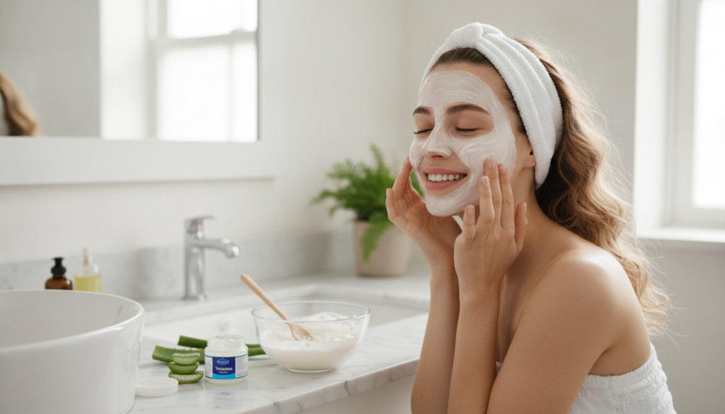 A woman smiling and gently applying a homemade Vaseline face mask to her cheek in a bright bathroom setting