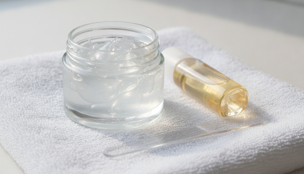 A clear glass jar of Vaseline next to a bottle of baby oil and a mixing spatula on a soft white towel