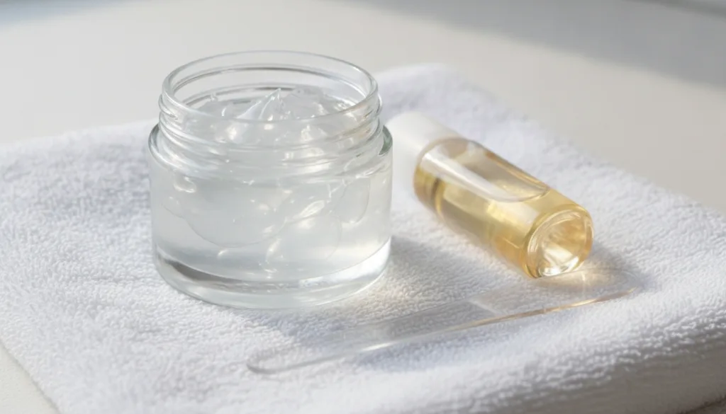 A clear glass jar of Vaseline next to a bottle of baby oil and a mixing spatula on a soft white towel