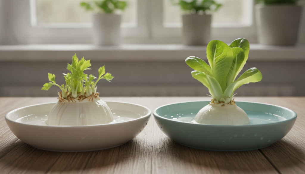 A white celery base and a green romaine lettuce base sitting in separate shallow dishes of water both showing small new 