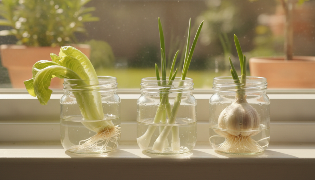 A variety of kitchen scraps such as a lettuce base green onion ends and a garlic clove starting to sprout in small glass